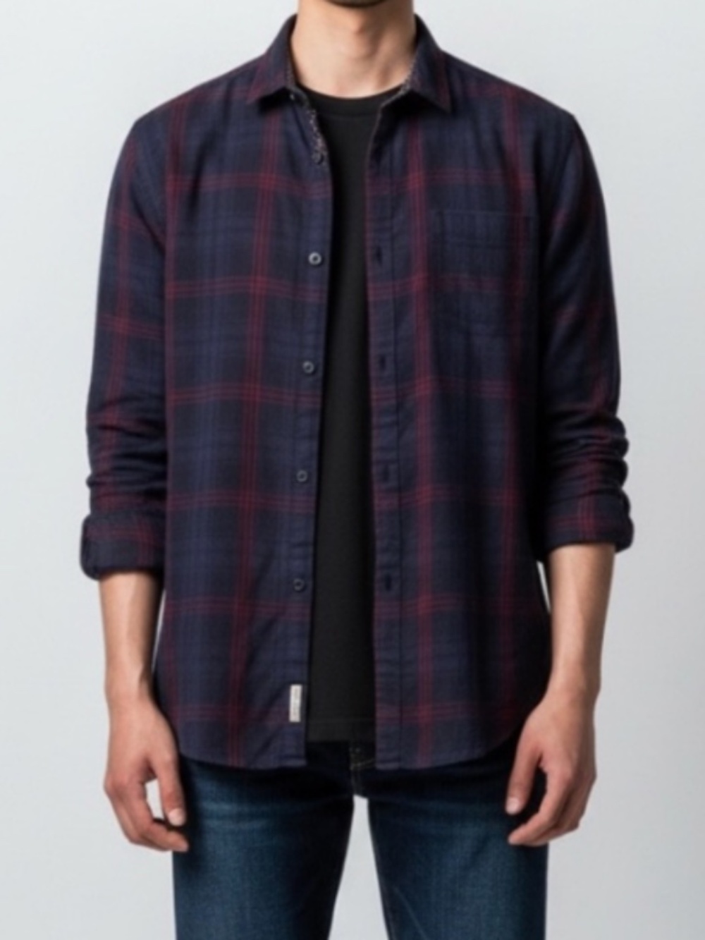 Lux by Bruno Men's Medium Button Down Plaid Flannel Shirt Navy Burgundy - Picture 1 of 5